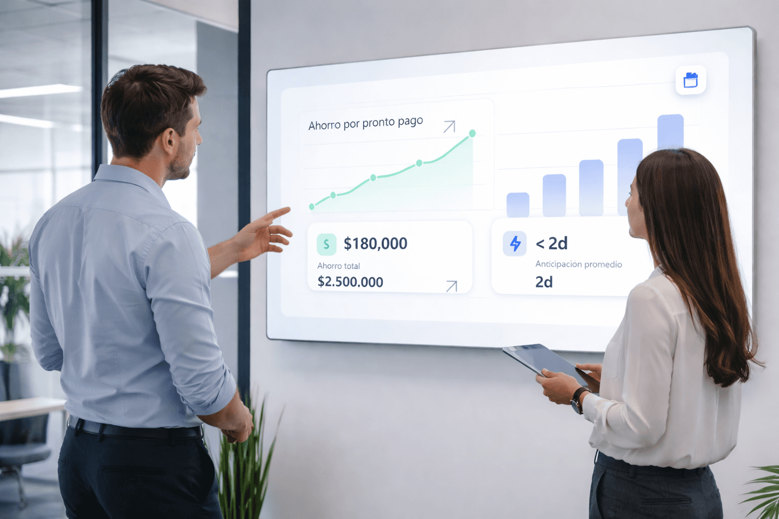 Dos personas analizando un gráfico en crecimiento